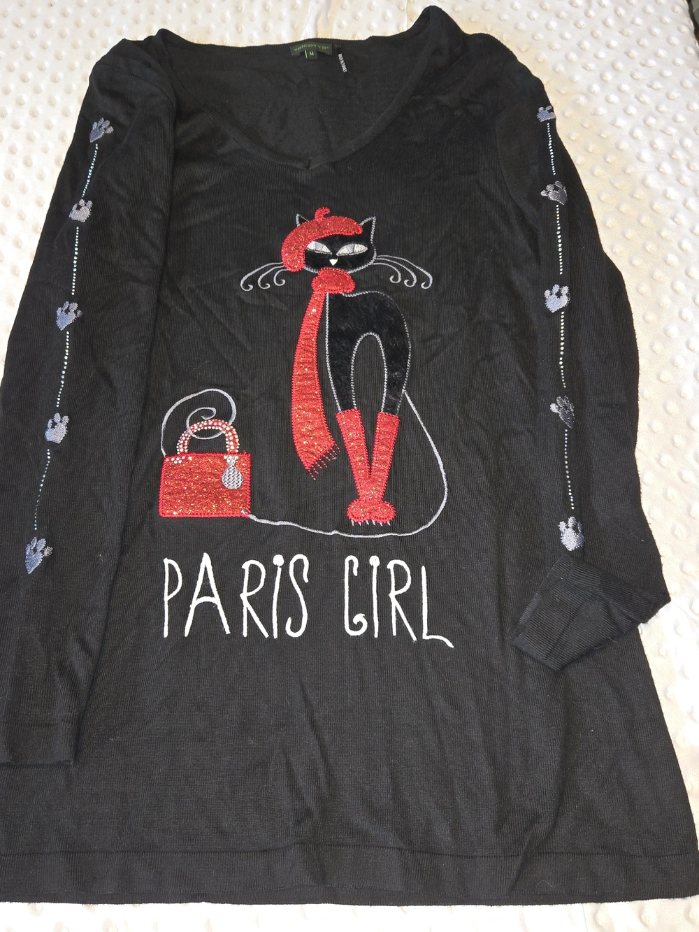 Tricotto Black Rhinestone & Sequin Paris Cat Graphic Long‎ Sleeve Top Size M